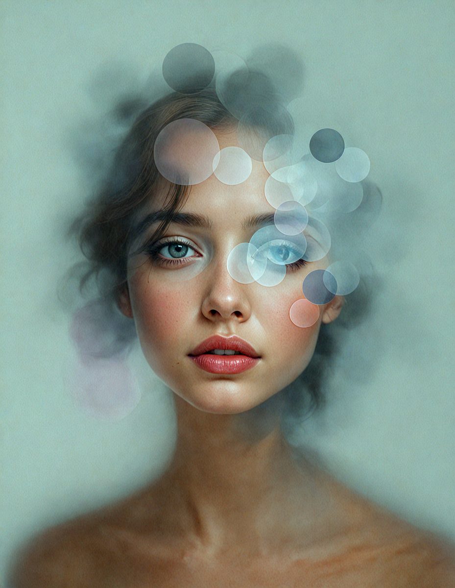 The primary subject of the image is a woman with a beautiful face. She is the main focus of the image. The setting is a room with a white background. The visual style is a digital art or illustration, creating a unique and artistic representation of the woman. The colors and mood of the image are predominantly white, giving it a clean and serene atmosphere.